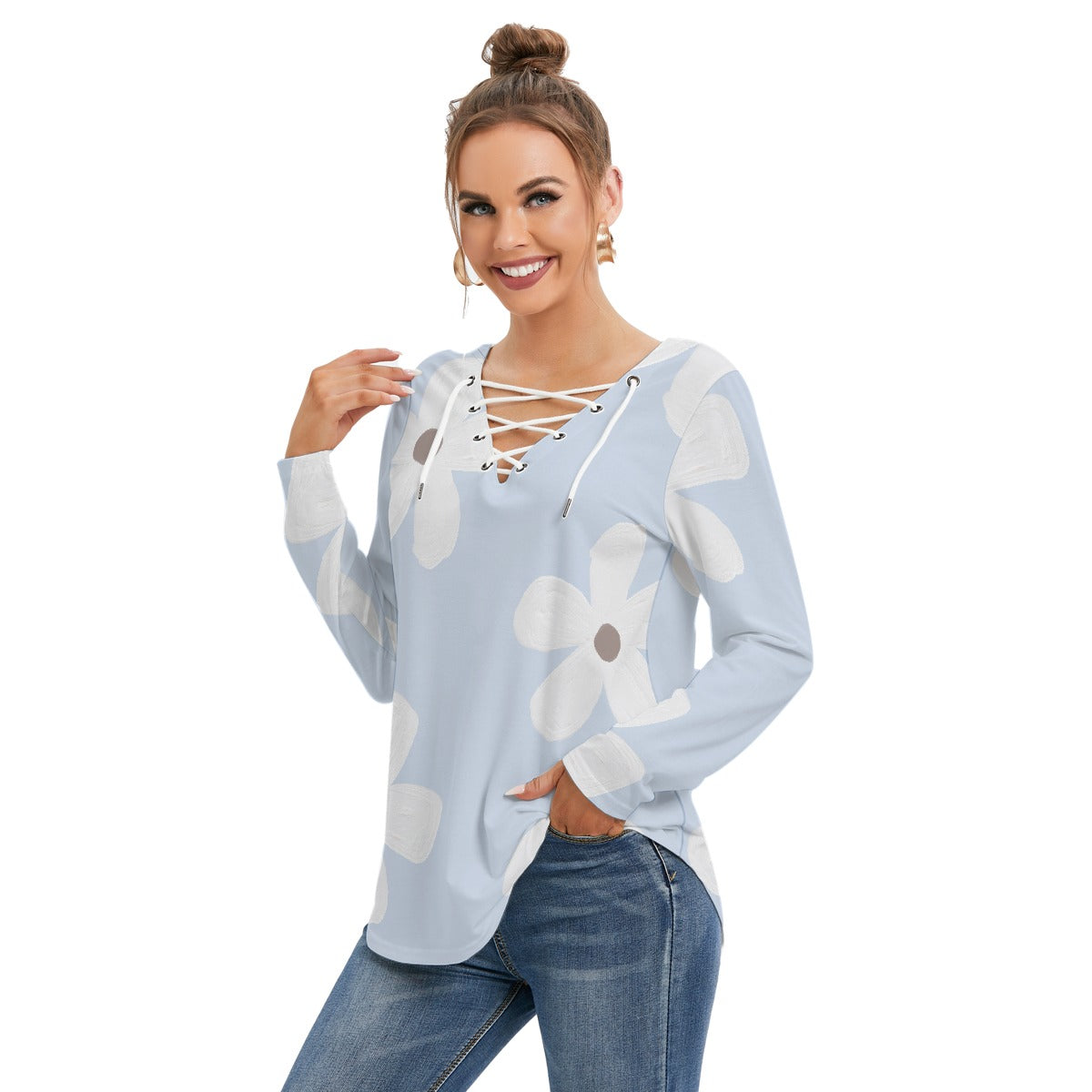 All-Over Print Women's Long Sleeve Neckline Tie Sweatshirt