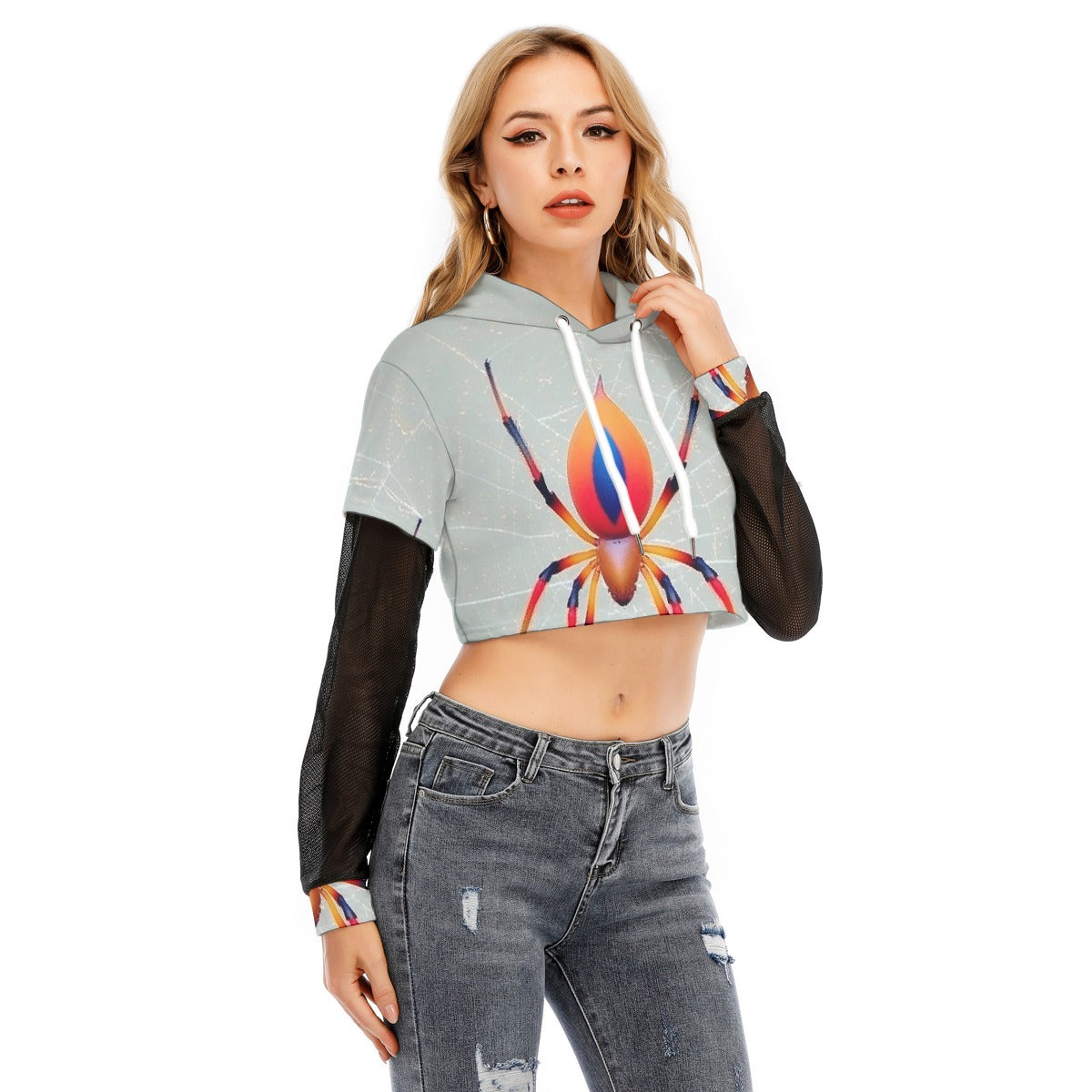 All-Over Print Women's Fake Two-piece Mesh Sleeve Cropped Hoodie