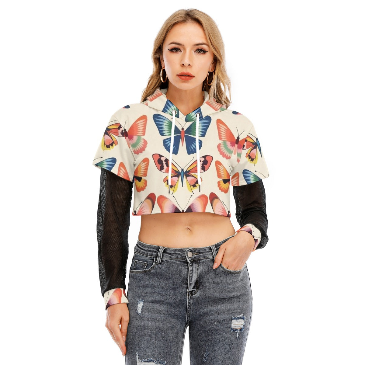 All-Over Print Women's Fake Two-piece Mesh Sleeve Cropped Hoodie