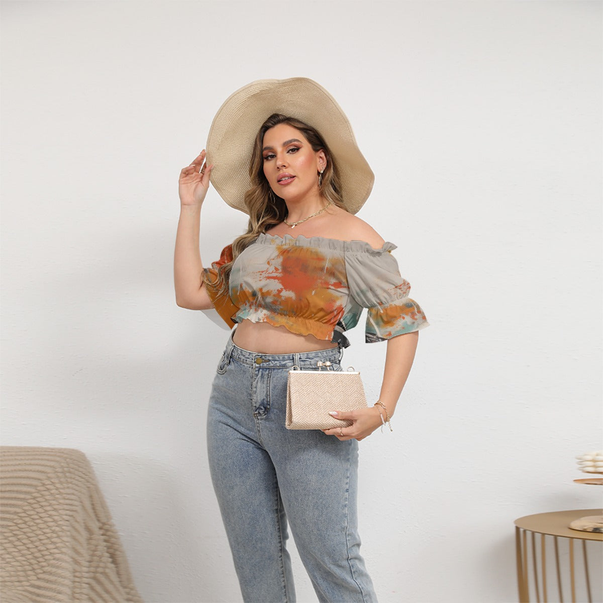 All-Over Print Women's Off-shoulder Cropped Top With Short Puff Sleeve
