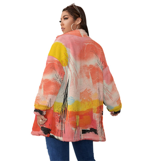 All-Over Print Unisex Borg Fleece Stand-up Collar Coat With Zipper Closure(Plus Size)