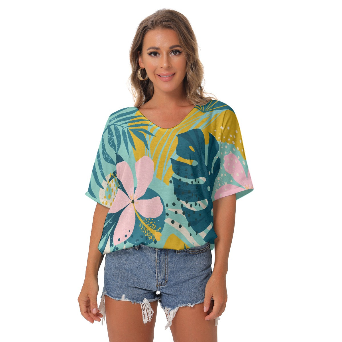 All-Over Print Women's Bat Sleeves V-Neck Blouse