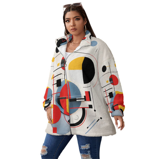 All-Over Print Unisex Borg Fleece Stand-up Collar Coat With Zipper Closure(Plus Size)