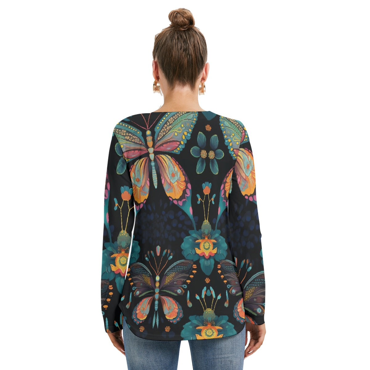 All-Over Print Women's Long Sleeve Neckline Tie Sweatshirt