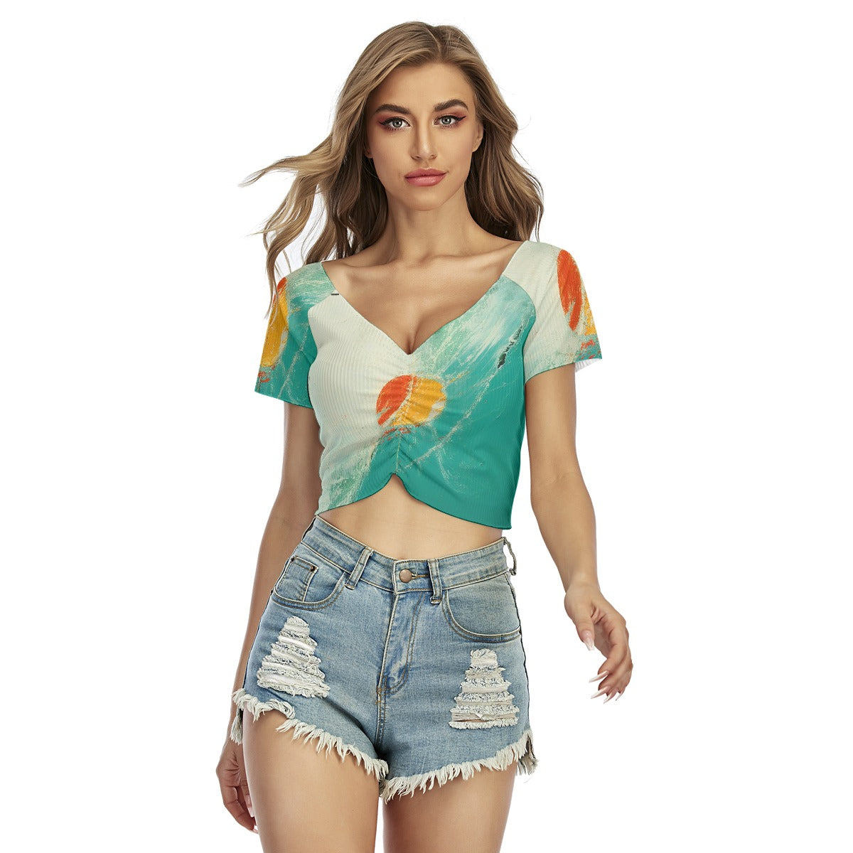 All-Over Print Women's Raglan Drawstring Front  Crop Tee