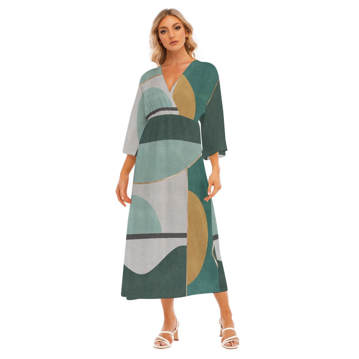 All-Over Print Women's Mid-Sleeve Long Dress