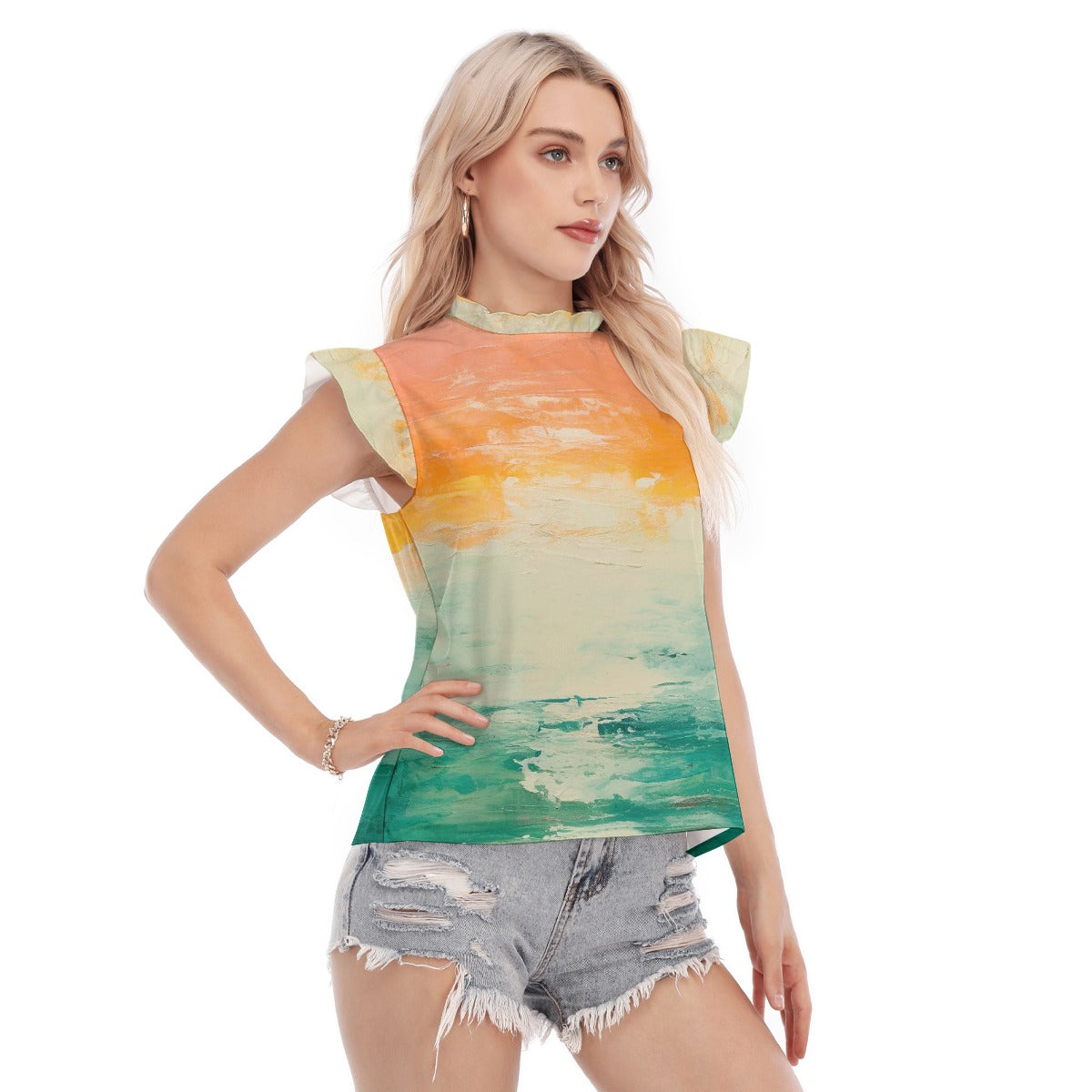 All-Over Print Women's Blouse With Ruffle Collar And Sleeve