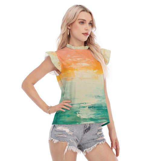 All-Over Print Women's Blouse With Ruffle Collar And Sleeve