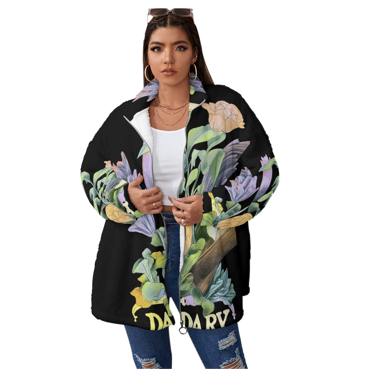 All-Over Print Unisex Borg Fleece Stand-up Collar Coat With Zipper Closure(Plus Size)