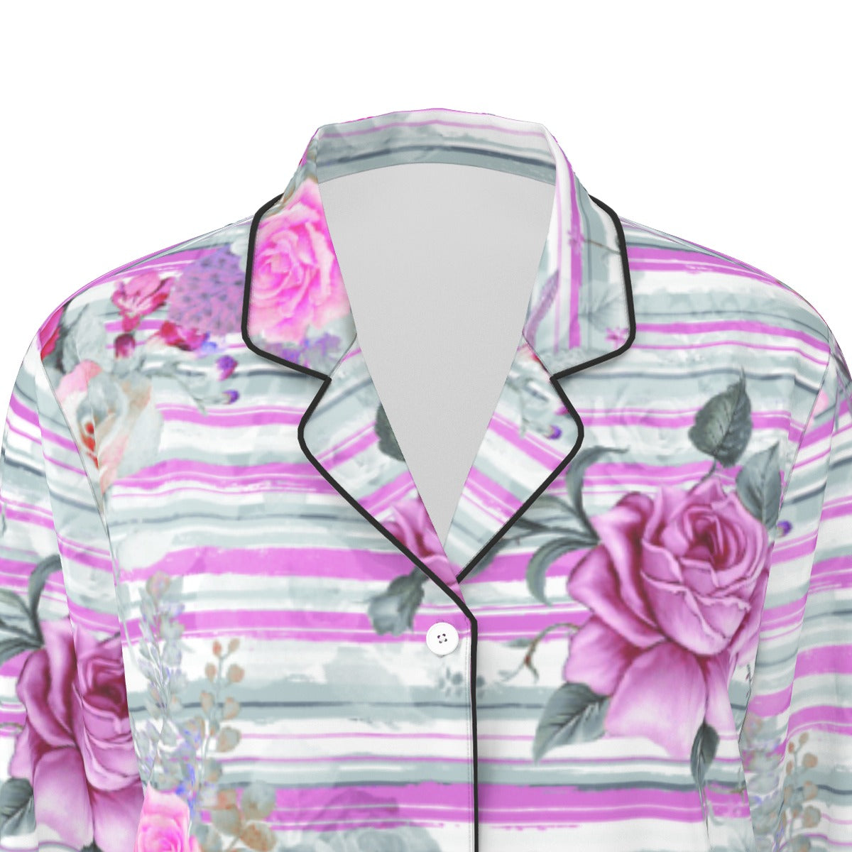 All-Over Print Women's Long Sleeve Pajama Set With Black Contrast Piping