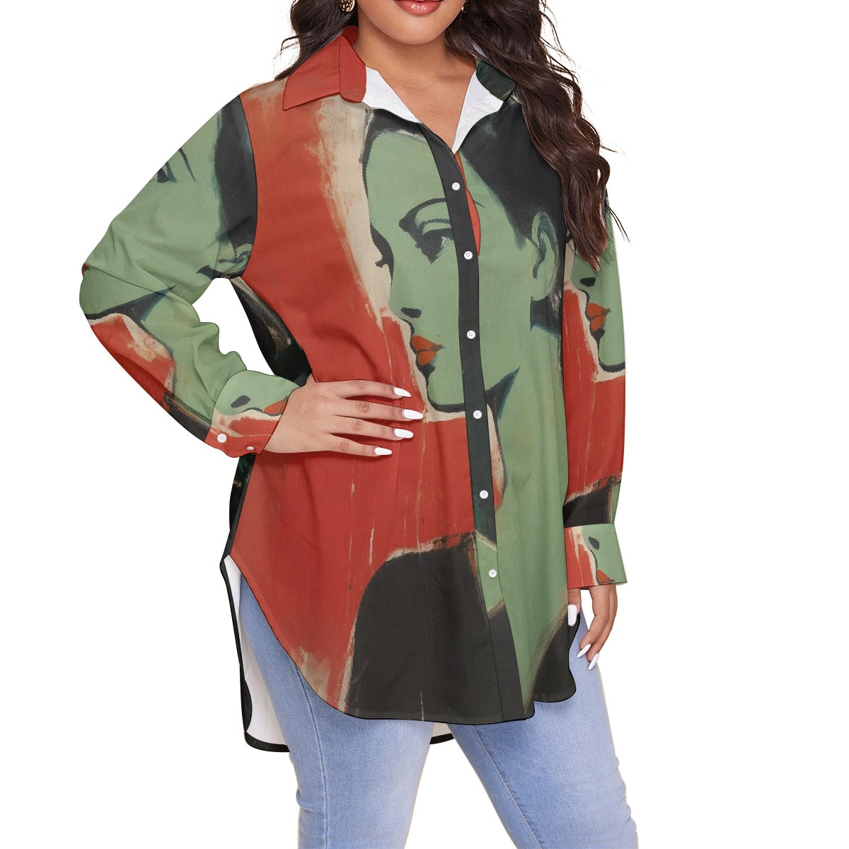 All-Over Print Women's Shirt With Long Sleeve(Plus Size)