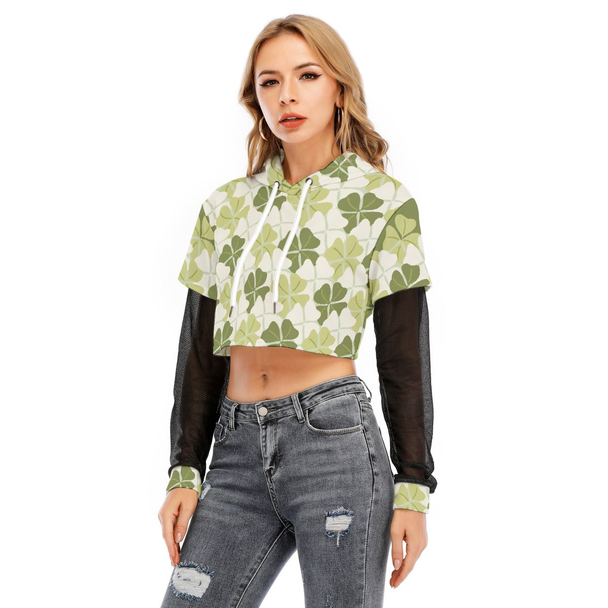 All-Over Print Women's Fake Two-piece Mesh Sleeve Cropped Hoodie