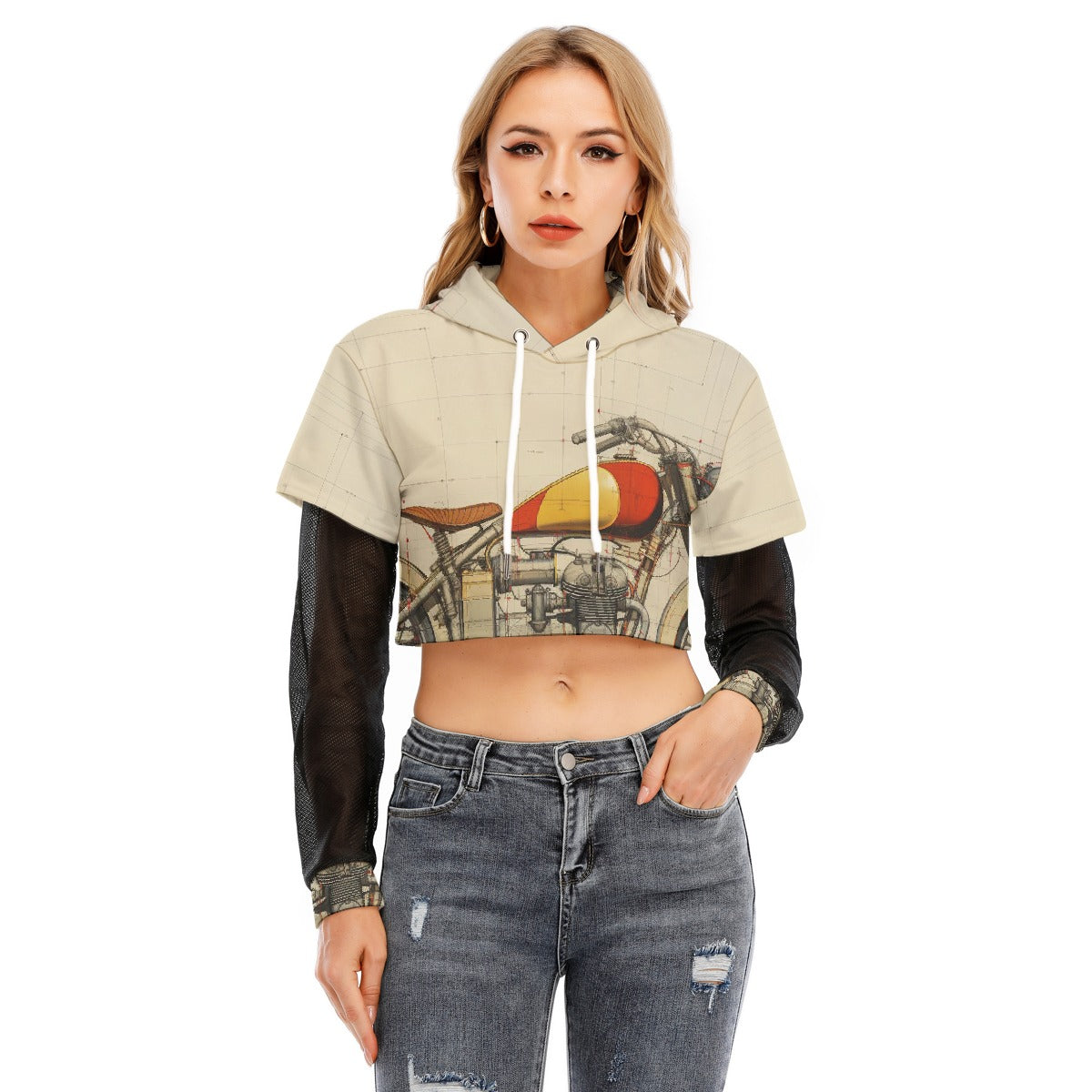 All-Over Print Women's Fake Two-piece Mesh Sleeve Cropped Hoodie