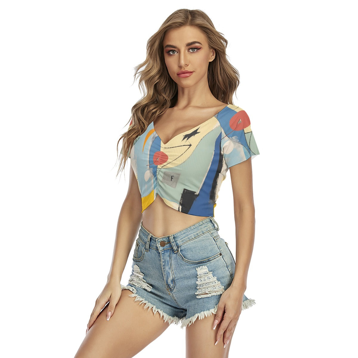 All-Over Print Women's Raglan Drawstring Front  Crop Tee