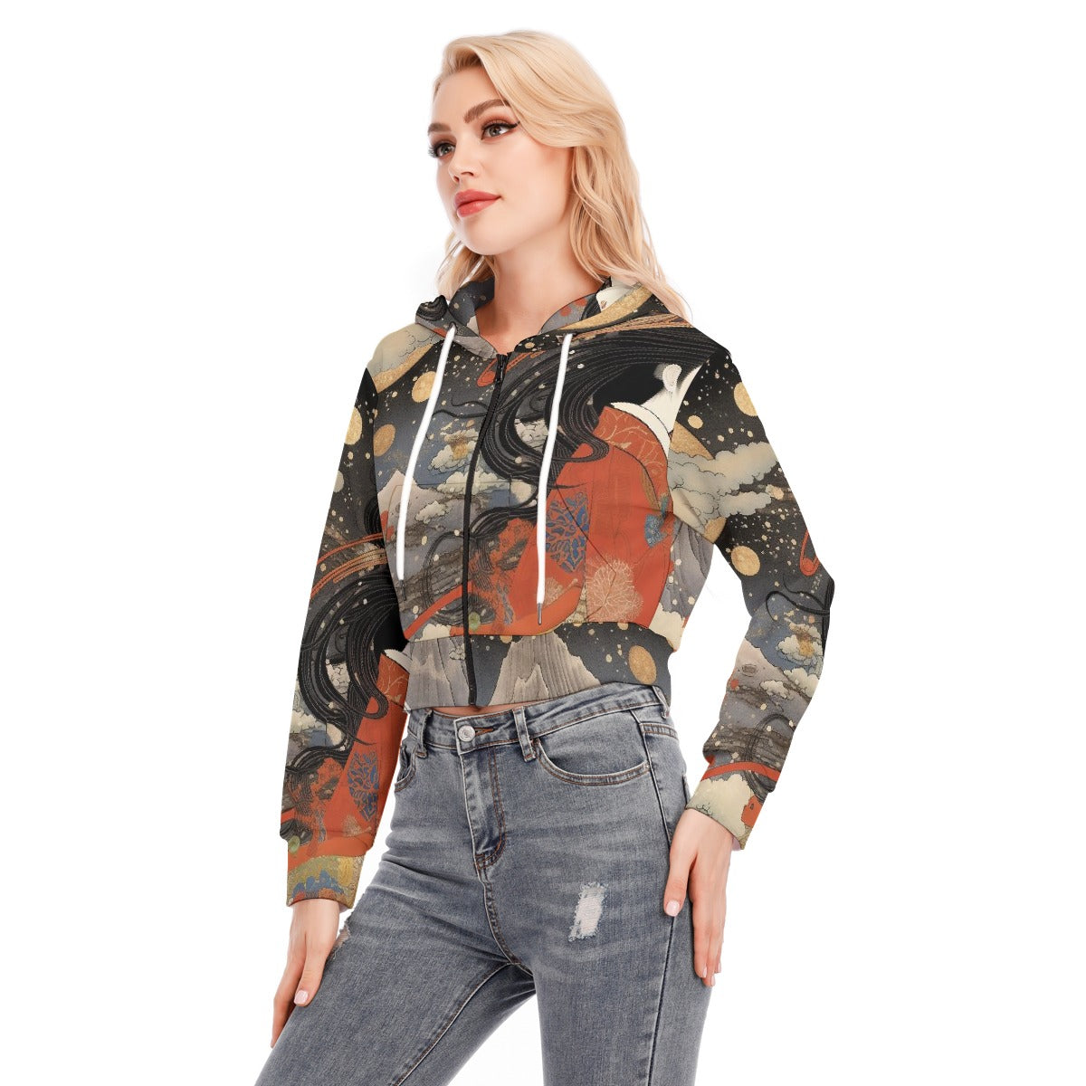All-Over Print Women's Crop Top Hoodie With Zipper Closure