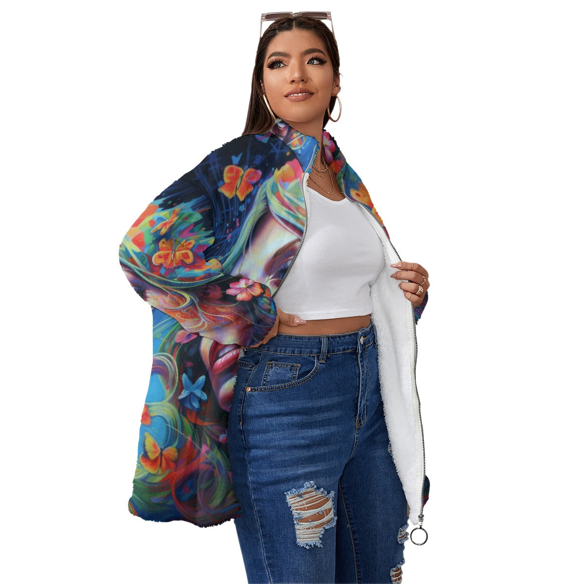 All-Over Print Unisex Borg Fleece Stand-up Collar Coat With Zipper Closure(Plus Size)