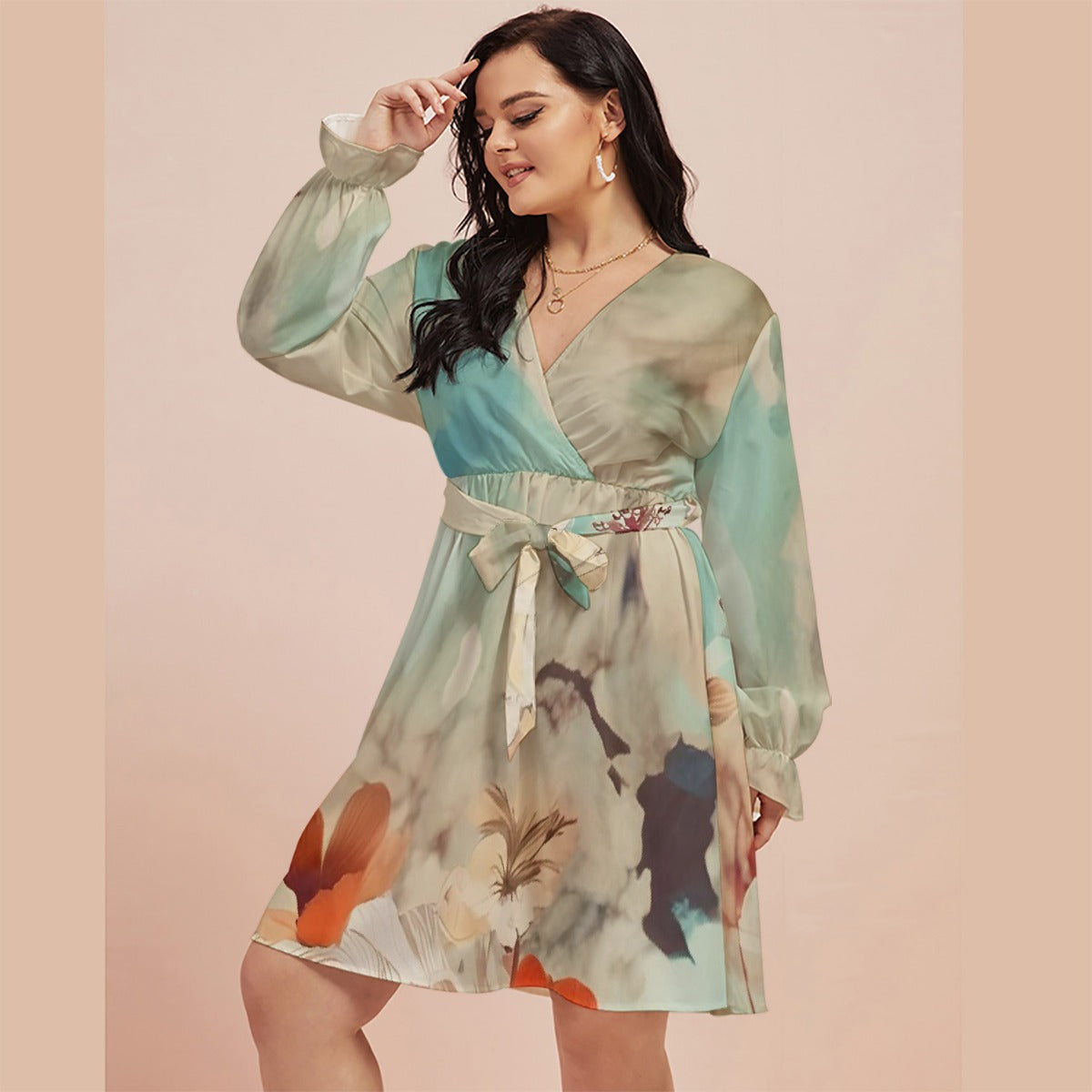 All-Over Print Women's V-neck Dress With Waistband(Plus Size)