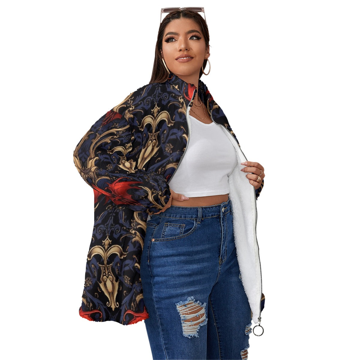 All-Over Print Unisex Borg Fleece Stand-up Collar Coat With Zipper Closure(Plus Size)