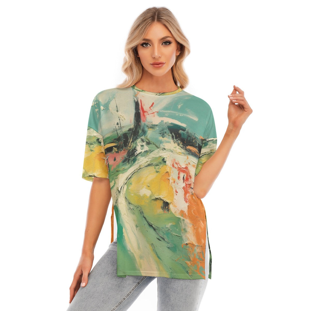 All-Over Print Women's Short Sleeves T-shirt With Hem Split