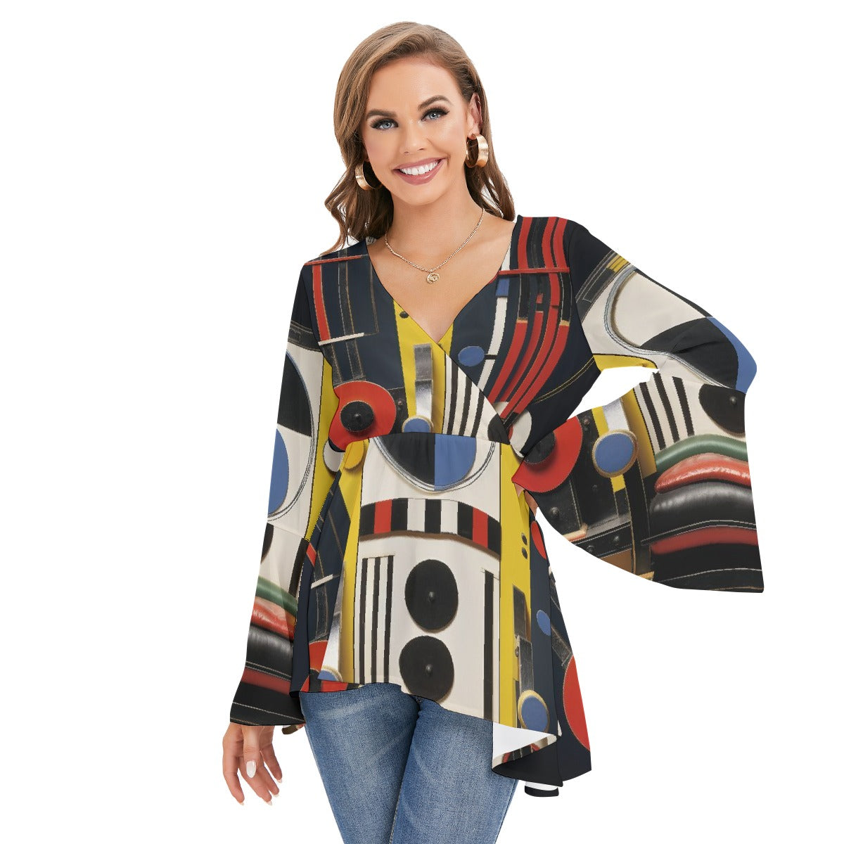 All-Over Print Women's V-neck Blouse With Flared Sleeves
