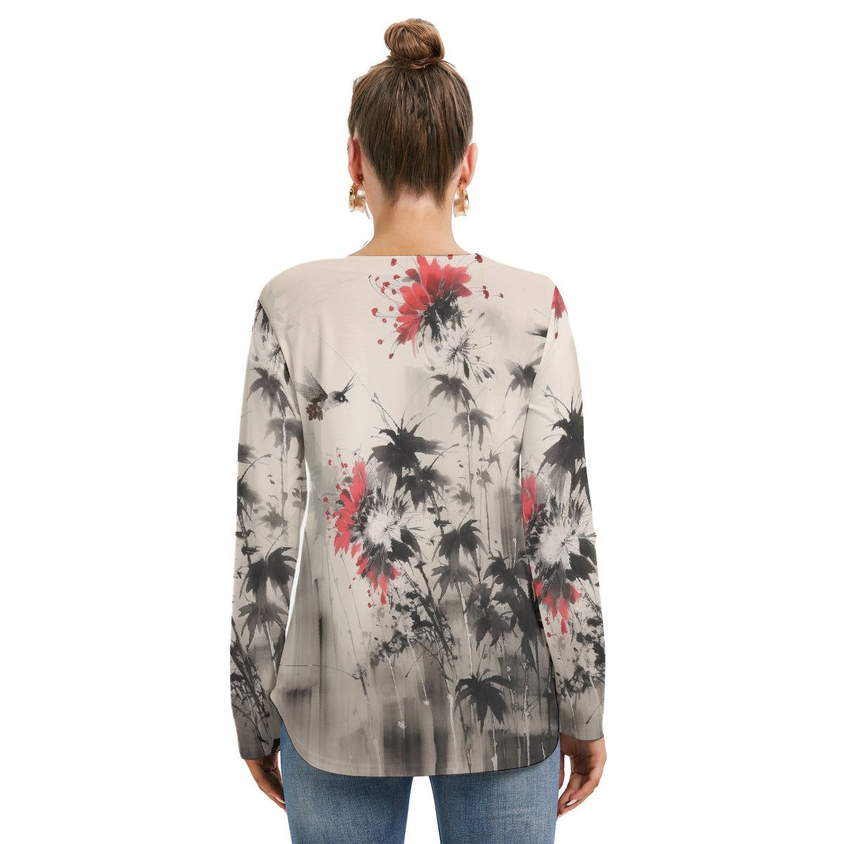 All-Over Print Women's Long Sleeve Neckline Tie Sweatshirt