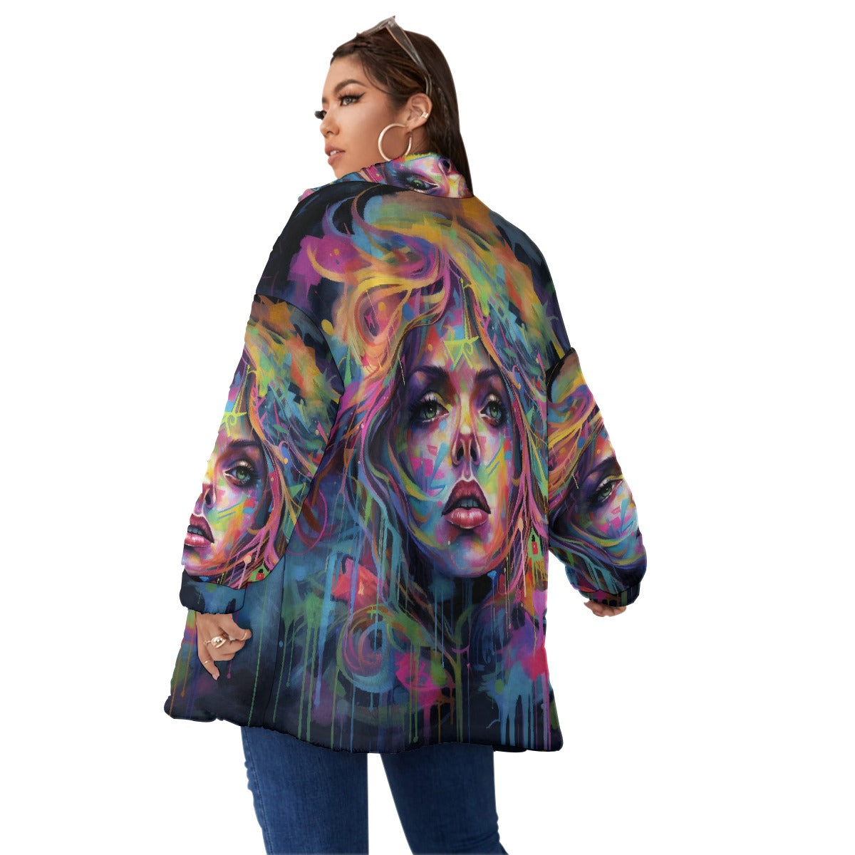 All-Over Print Unisex Borg Fleece Stand-up Collar Coat With Zipper Closure(Plus Size)