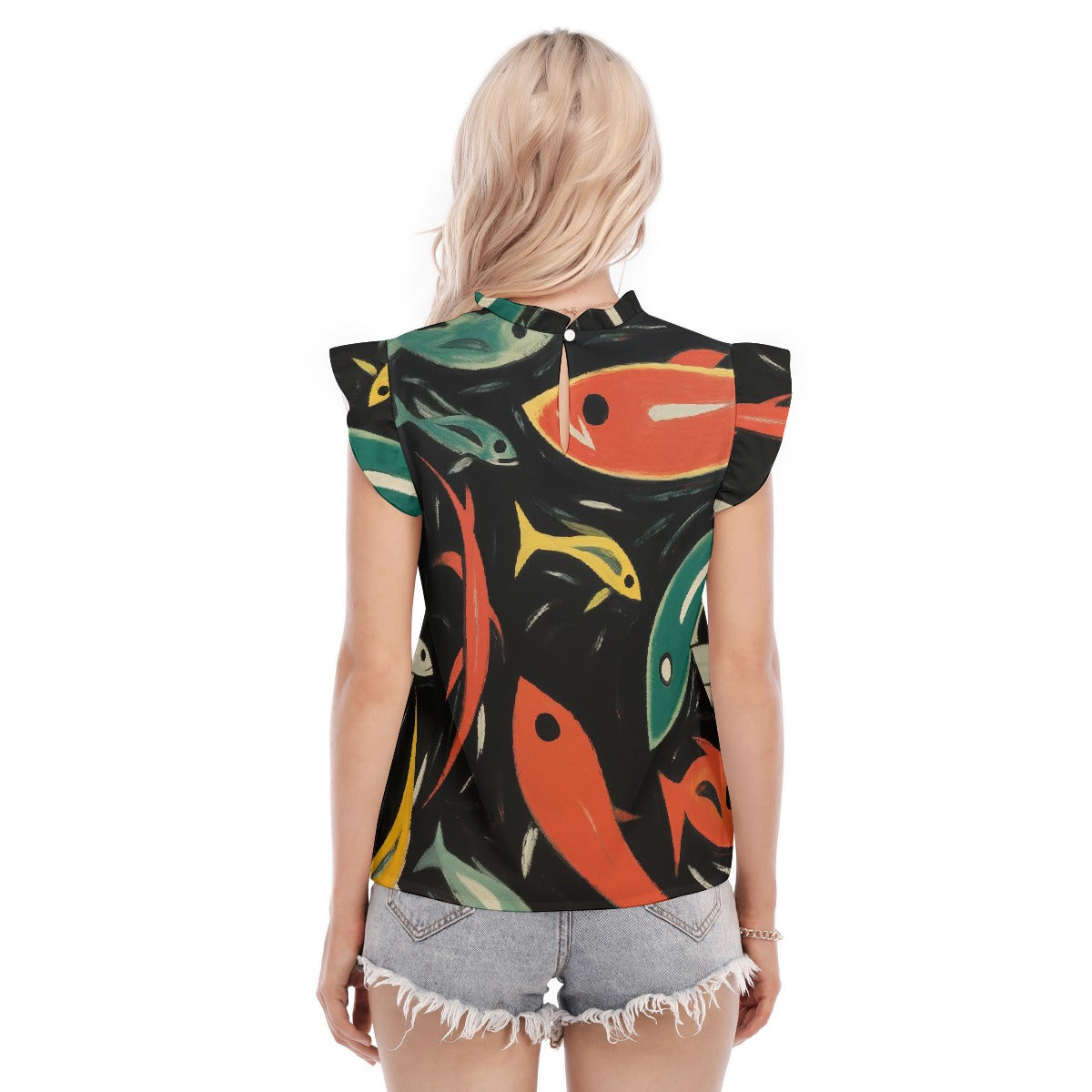 All-Over Print Women's Blouse With Ruffle Collar And Sleeve