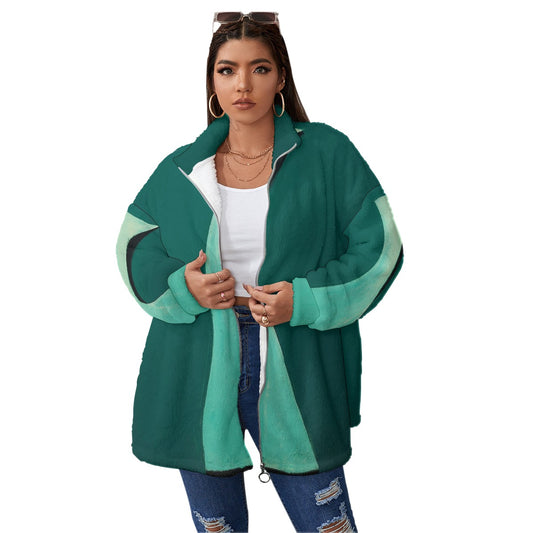 All-Over Print Unisex Borg Fleece Stand-up Collar Coat With Zipper Closure(Plus Size)
