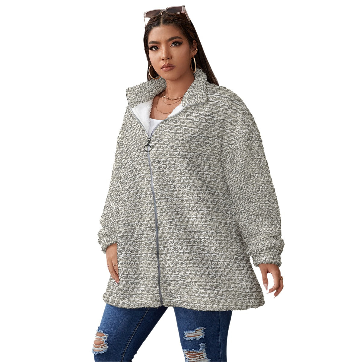 All-Over Print Unisex Borg Fleece Stand-up Collar Coat With Zipper Closure(Plus Size)