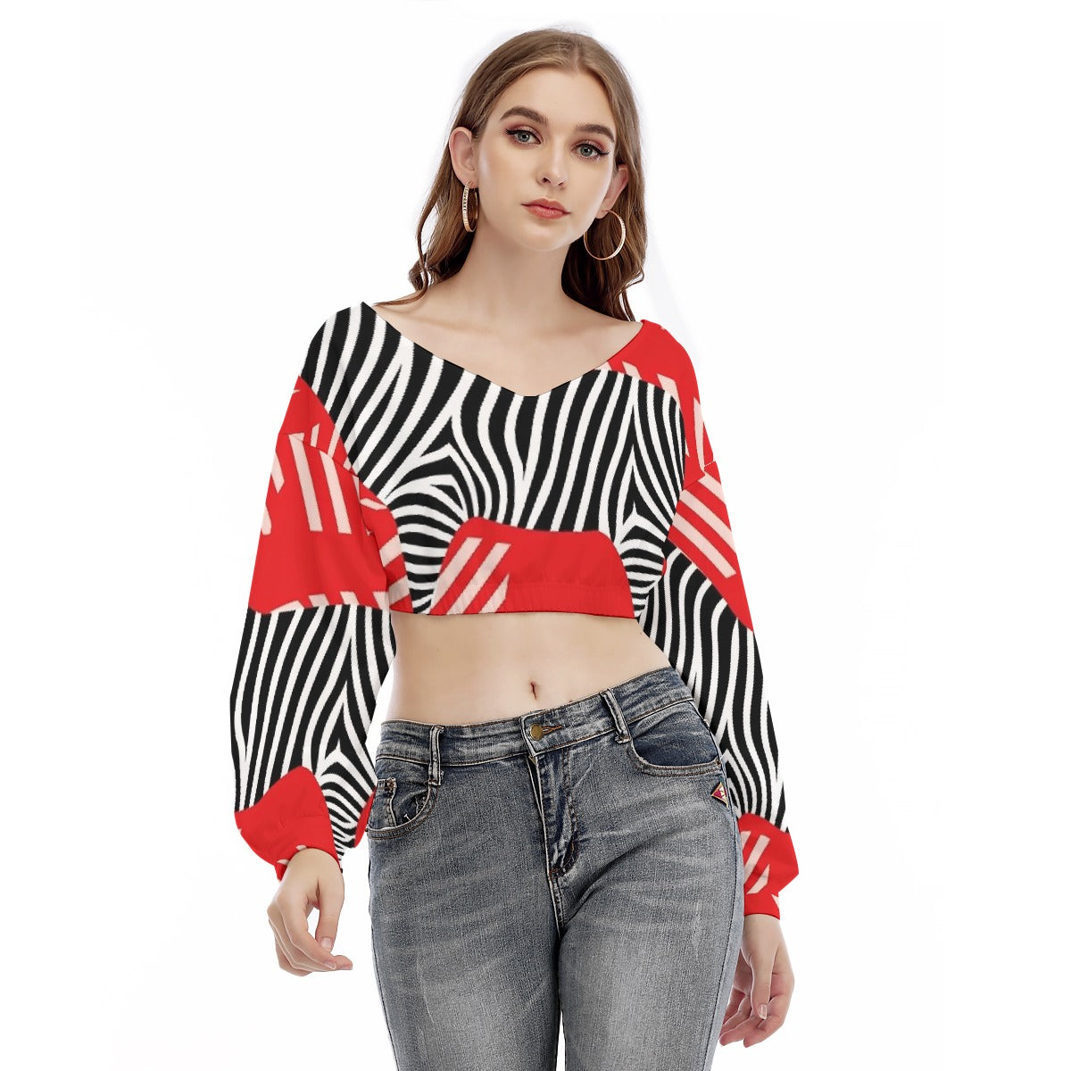All-Over Print Women's V-neck Long Sleeve Cropped Sweatshirt