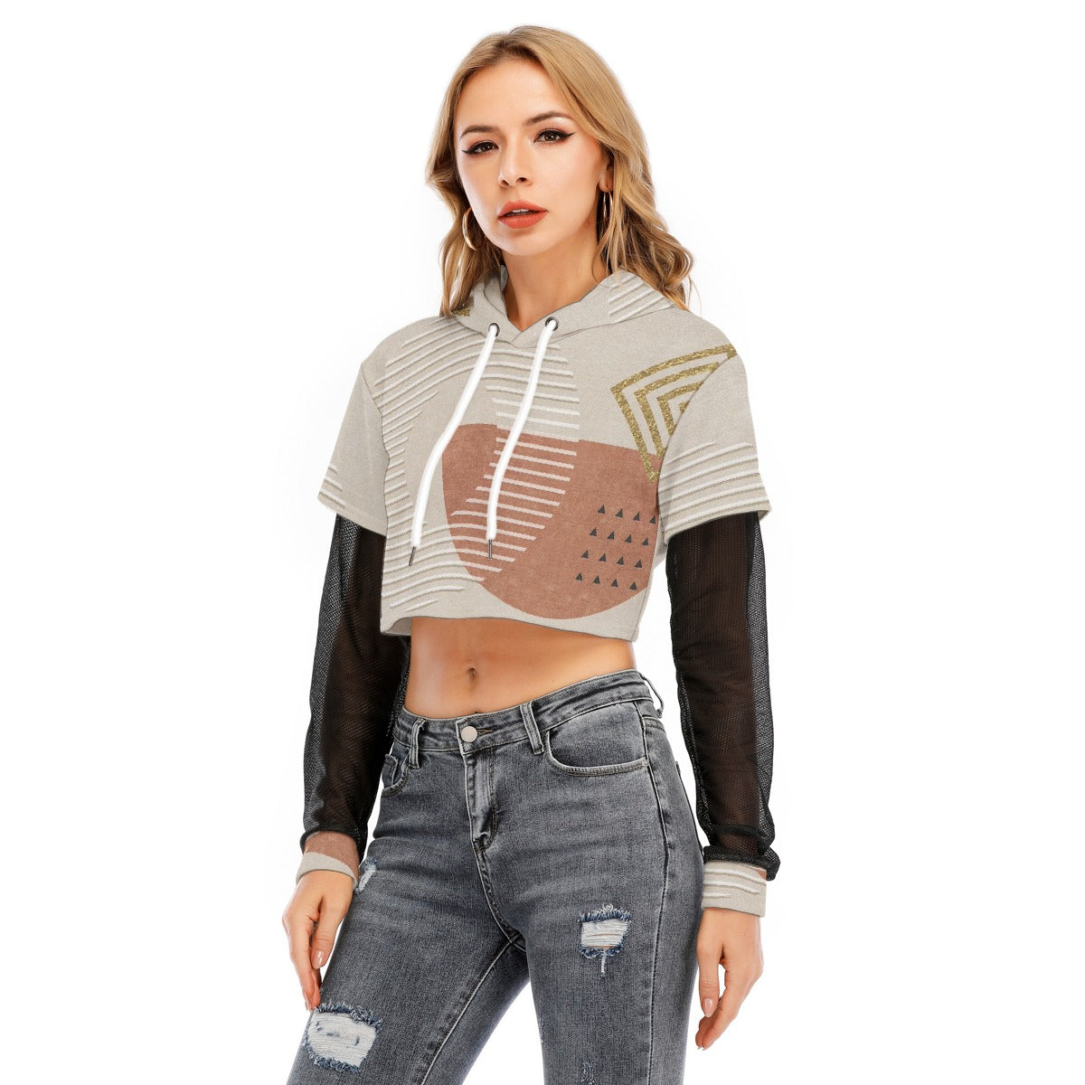 All-Over Print Women's Fake Two-piece Mesh Sleeve Cropped Hoodie