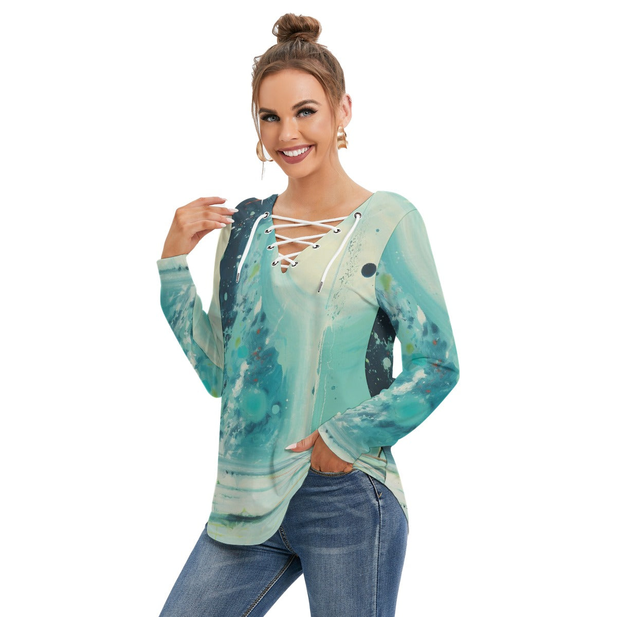 All-Over Print Women's Long Sleeve Neckline Tie Sweatshirt