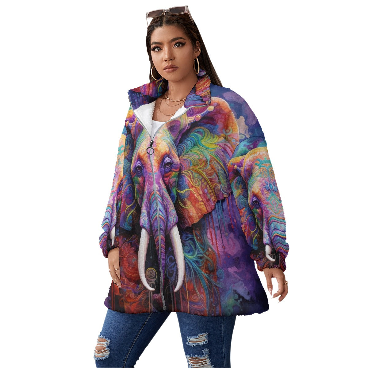 All-Over Print Unisex Borg Fleece Stand-up Collar Coat With Zipper Closure(Plus Size)