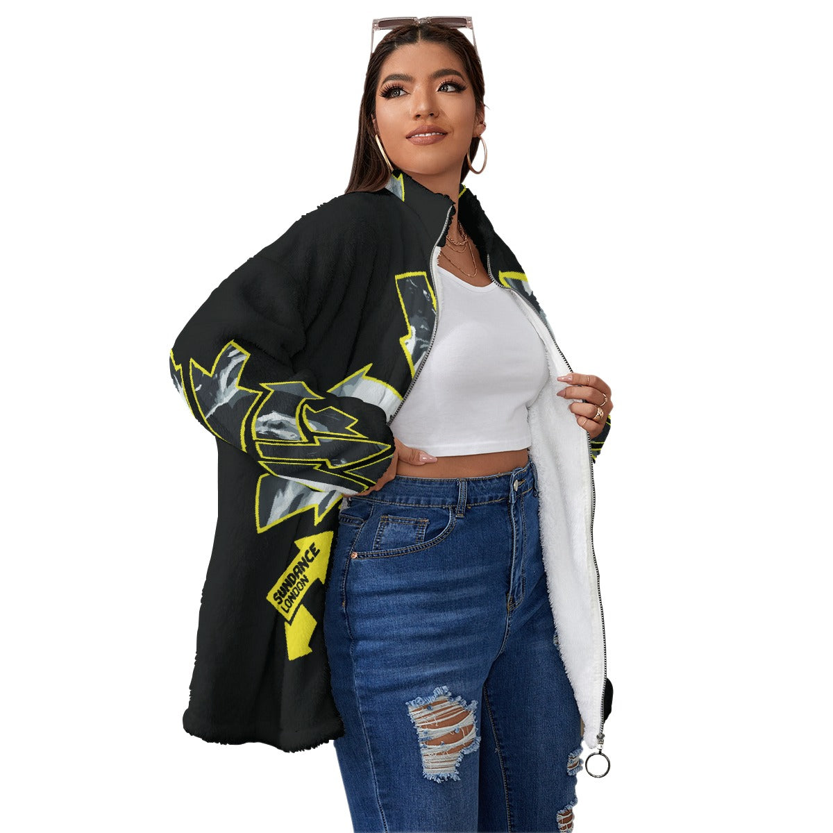 All-Over Print Unisex Borg Fleece Stand-up Collar Coat With Zipper Closure(Plus Size)