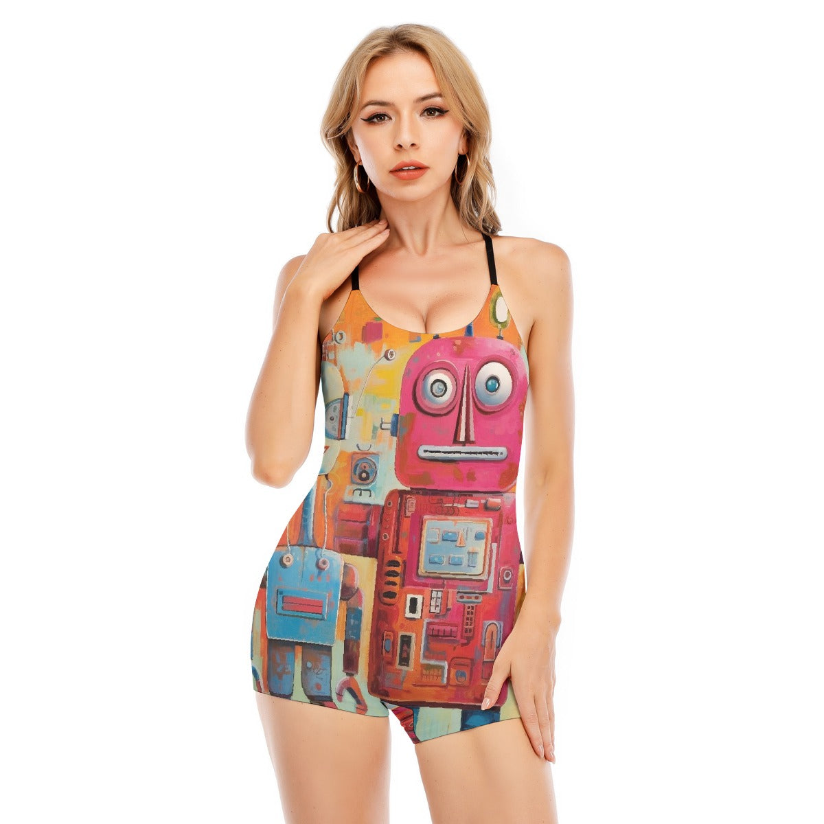 All-Over Print Women's Backless Romper With Black Straps