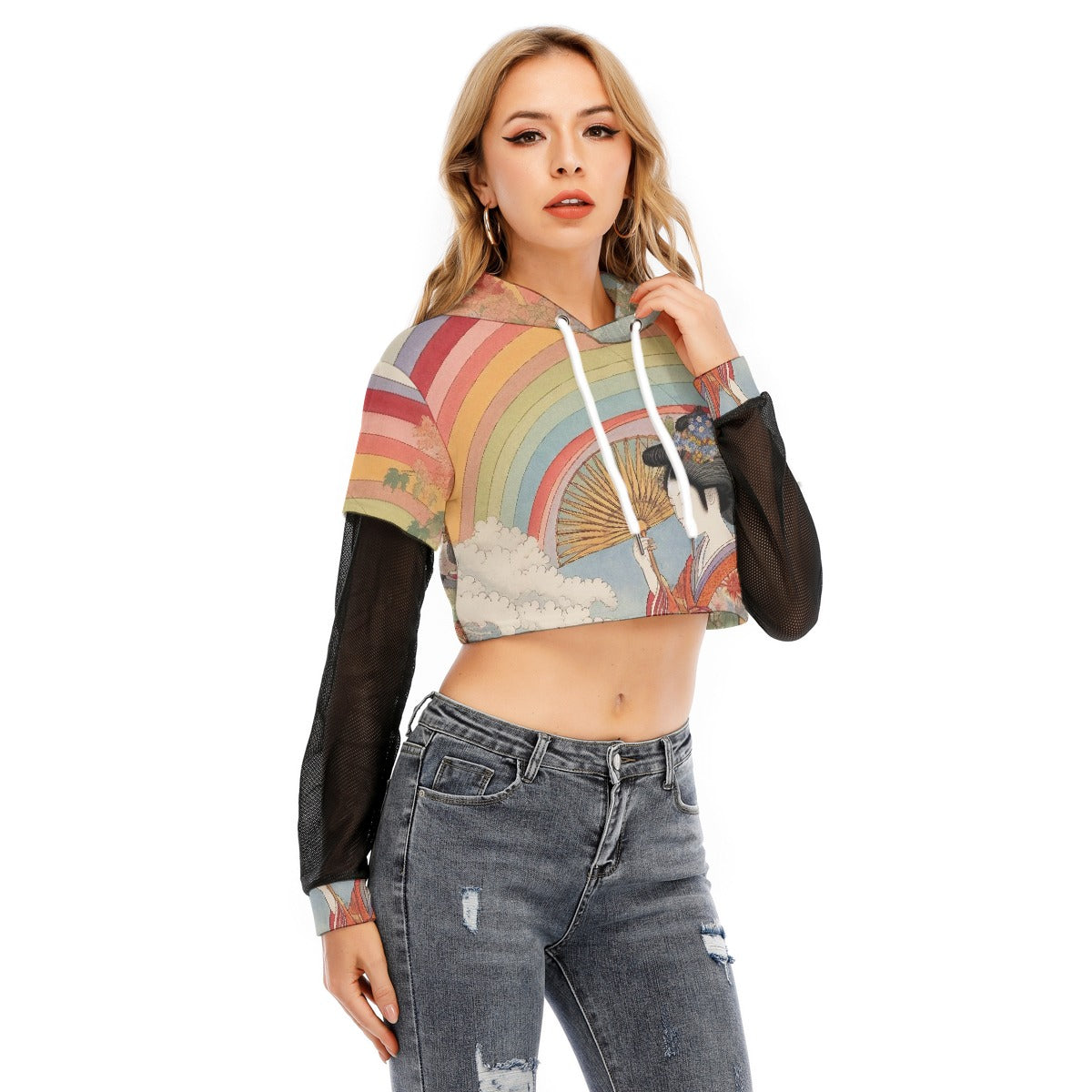 All-Over Print Women's Fake Two-piece Mesh Sleeve Cropped Hoodie