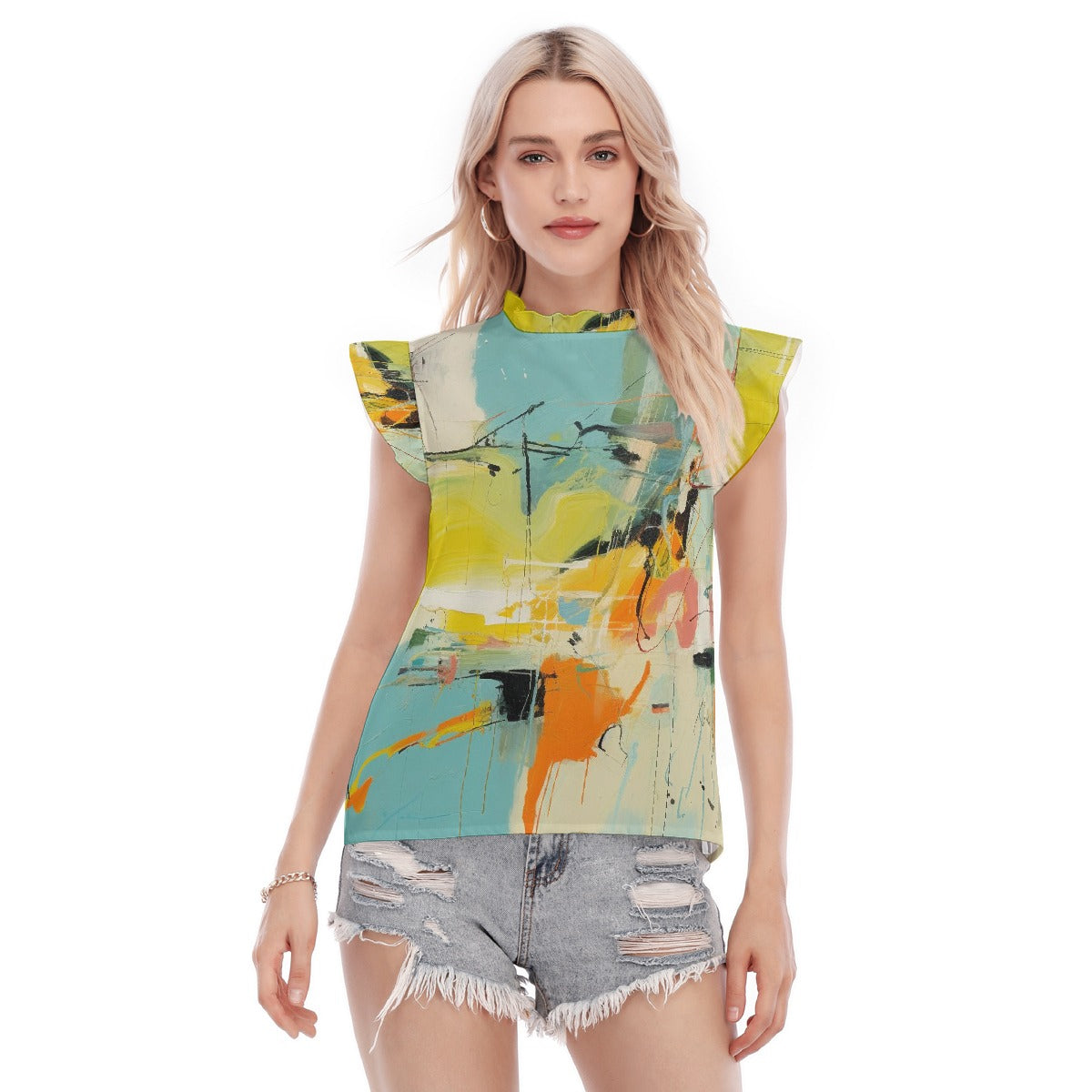 All-Over Print Women's Blouse With Ruffle Collar And Sleeve