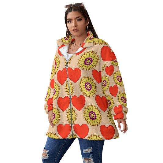 All-Over Print Unisex Borg Fleece Stand-up Collar Coat With Zipper Closure(Plus Size)