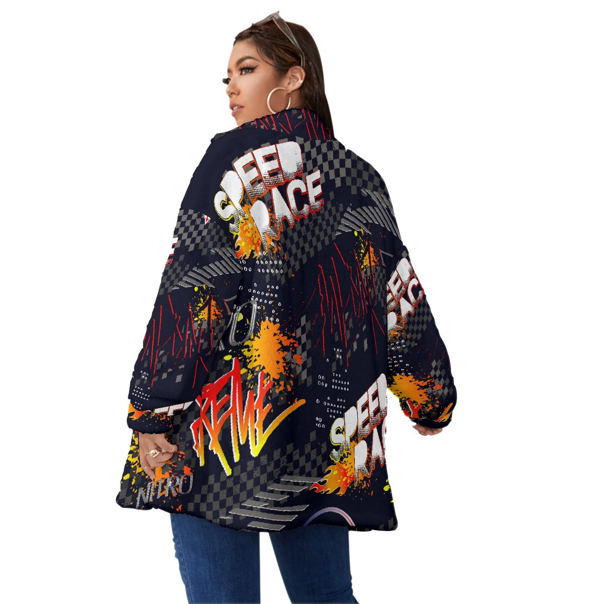 All-Over Print Unisex Borg Fleece Stand-up Collar Coat With Zipper Closure(Plus Size)