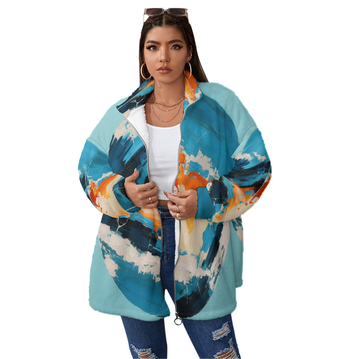 All-Over Print Unisex Borg Fleece Stand-up Collar Coat With Zipper Closure(Plus Size)