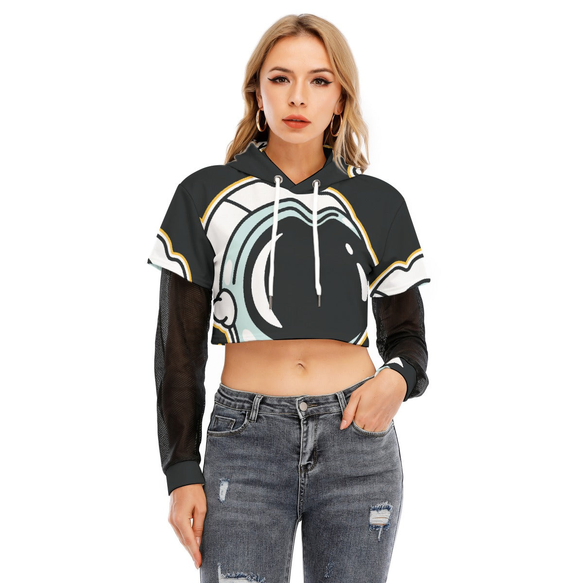 All-Over Print Women's Fake Two-piece Mesh Sleeve Cropped Hoodie