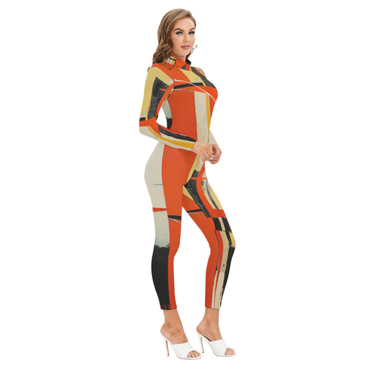 All-Over Print Women's Long-sleeved High-neck Jumpsuit With Zipper