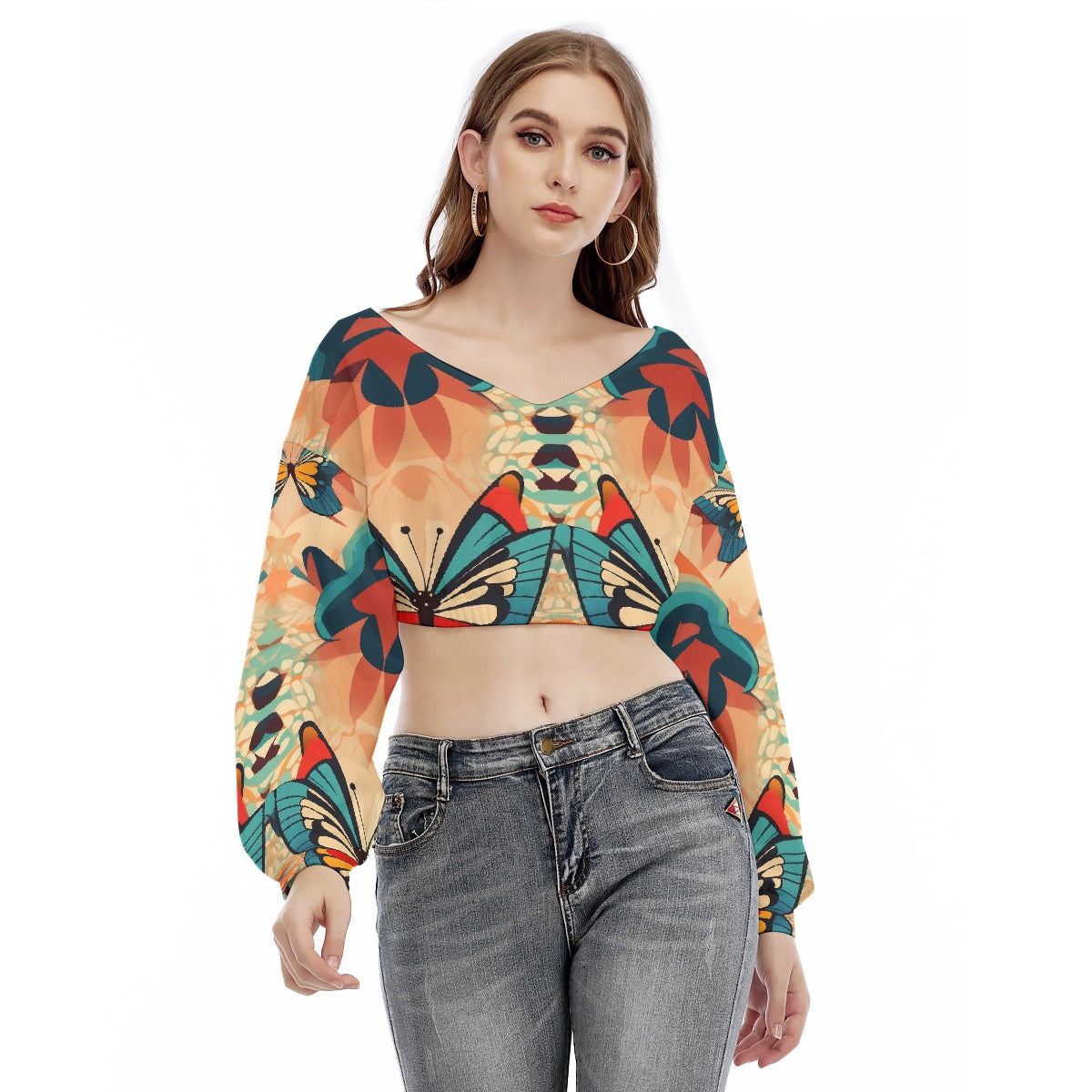 All-Over Print Women's V-neck Long Sleeve Cropped Sweatshirt