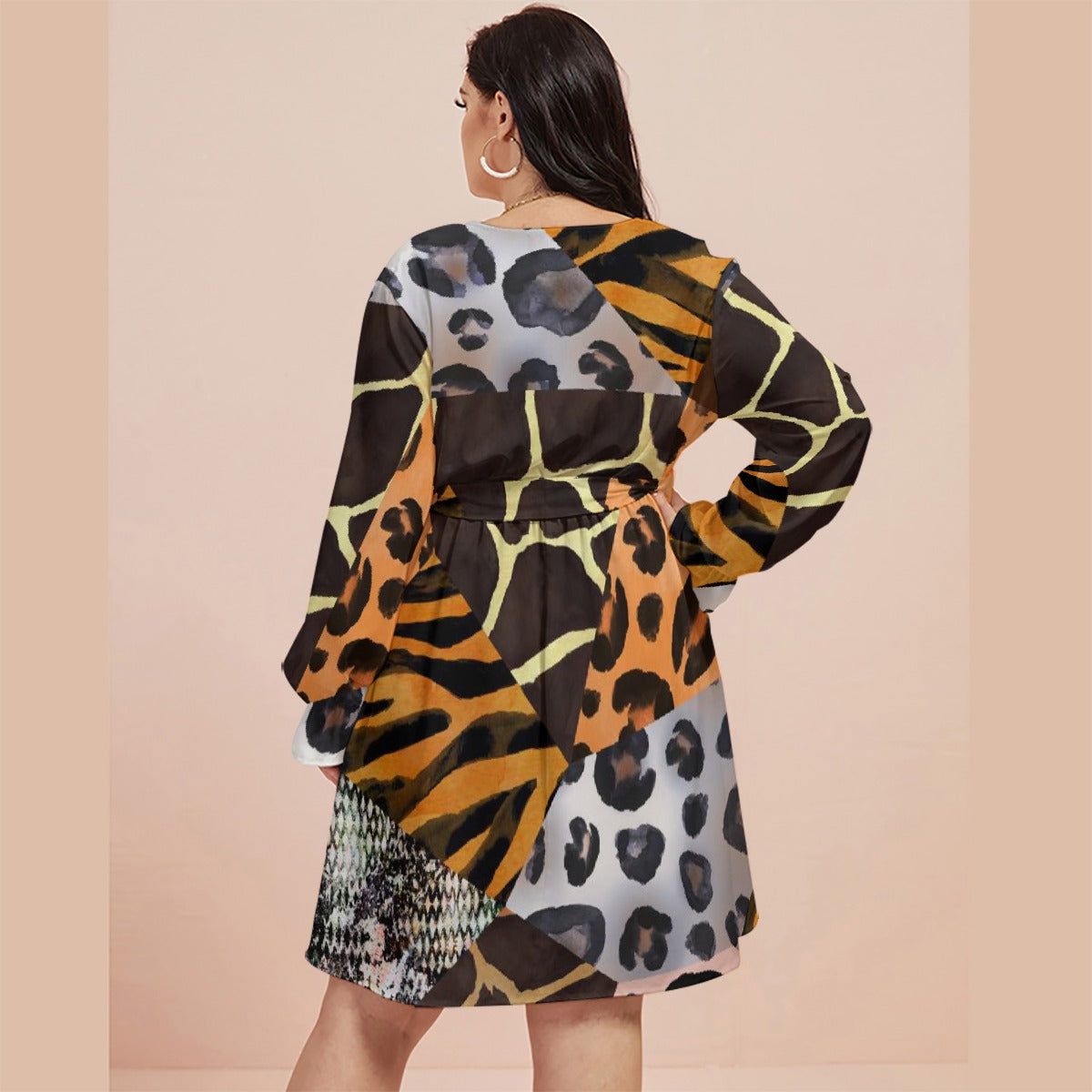 All-Over Print Women's V-neck Dress With Waistband(Plus Size)