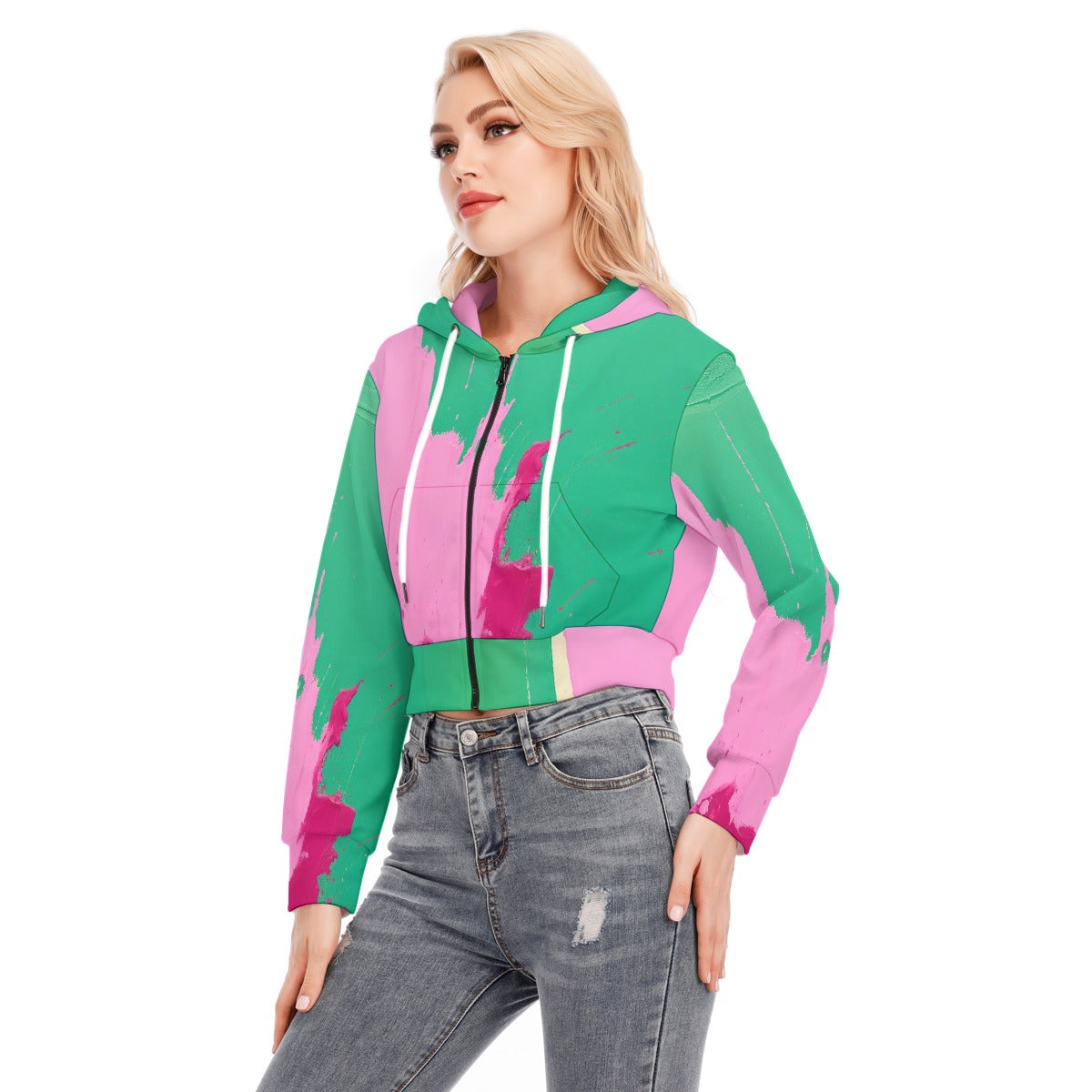 All-Over Print Women's Crop Top Hoodie With Zipper Closure