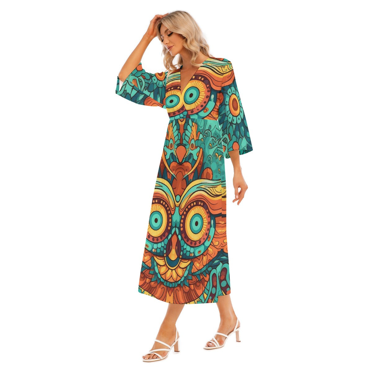 All-Over Print Women's Mid-Sleeve Long Dress