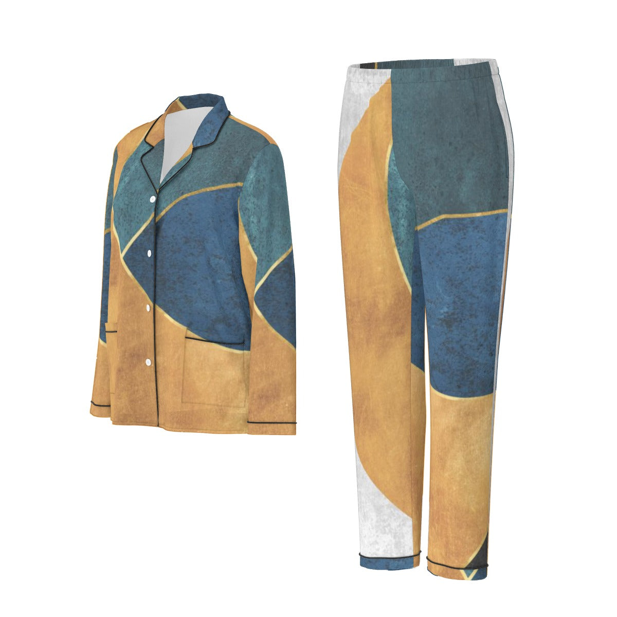 All-Over Print Women's Long Sleeve Pajama Set With Black Contrast Piping