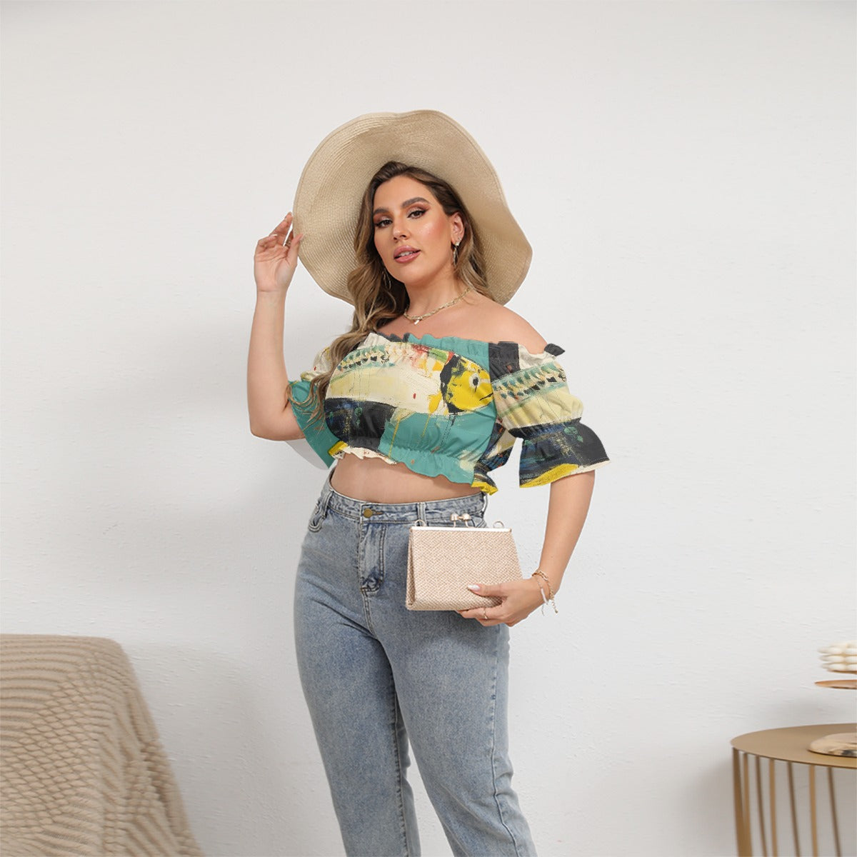 All-Over Print Women's Off-shoulder Cropped Top With Short Puff Sleeve