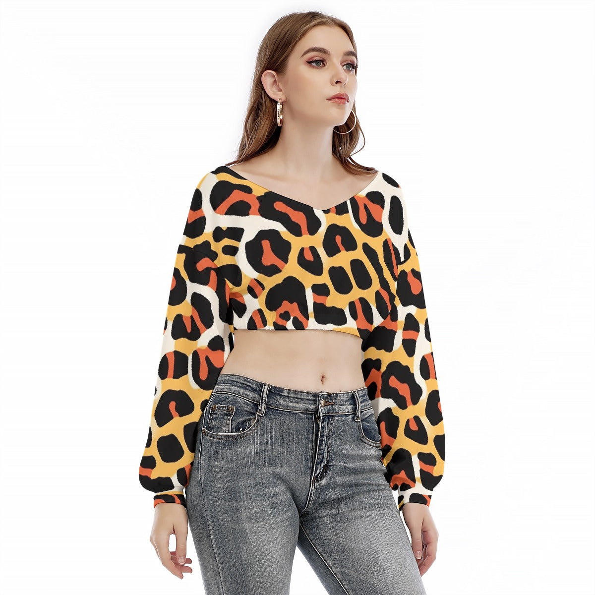 All-Over Print Women's V-neck Long Sleeve Cropped Sweatshirt