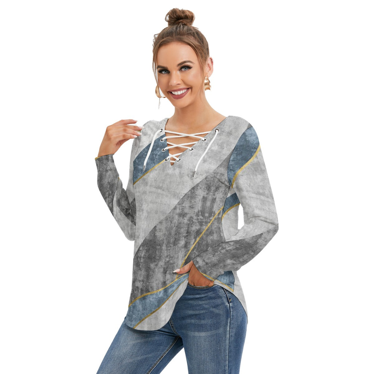 All-Over Print Women's Long Sleeve Neckline Tie Sweatshirt